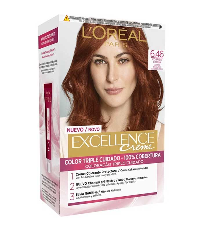 Kaufen Loreal Paris Excellence Creme Dreifach Schutz Farbung 6 46 Rubio Oscuro Cobrizo Caoba Maquibeauty L'oreal excellence hair color is designed with an exclusive triple protection system that deeply cares for your hair, and with 100% gray hair coverage even on stubborn grays. l oreal