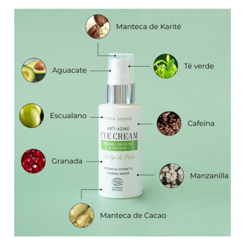 Alma Secret - Contorno de ojos multi-reparador y antiedad con aguacate, té verde y cafeína