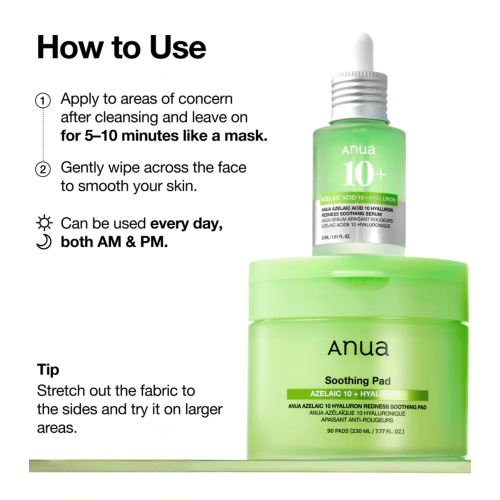 Anua - Almohadillas Azelaic 10 Hyaluron Redness Soothing formato pads
