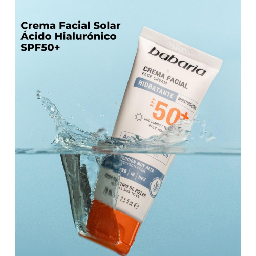 Babaria - Protector solar facial hidratante SPF50+ - Ácido Hialurónico