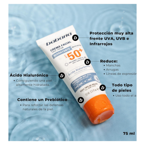 Babaria - Protector solar facial hidratante SPF50+ - Ácido Hialurónico