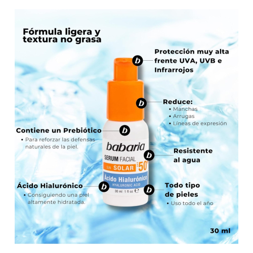 Babaria - Sérum facial iluminador con SPF 50+ - Ácido Hialurónico