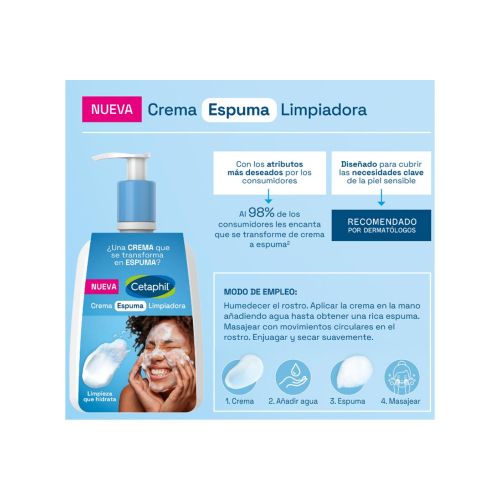 Cetaphil - Crema espuma limpiadora facial para piel sensible, normal a seca - 473ml
