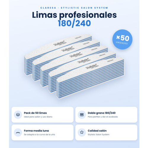 Claresa - Pack de 50 lima de uñas media luna 180/240