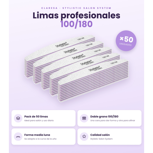 Claresa - Pack de 50 limas de uñas media luna 100/180