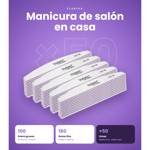 Claresa - Pack de 50 limas de uñas media luna 100/180