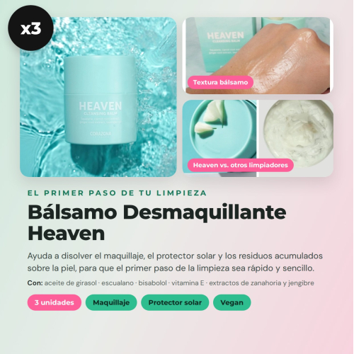 CORAZONA - Pack 3 Bálsamos Desmaquillantes Heaven con Disco de Regalo Reutilizable para Limpieza Facial Vegan y Cruelty Free