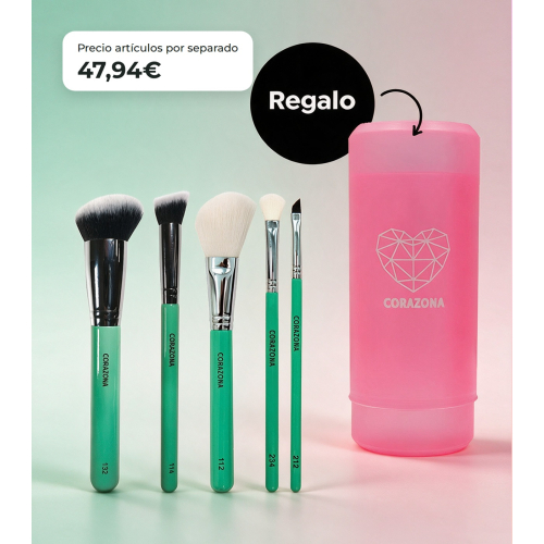 CORAZONA Pack Brochas Essential con 5 Herramientas para Maquillaje y Regalo Cubilete Veganas y Cruelty Free