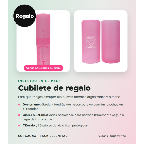 CORAZONA Pack Brochas Essential con 5 Herramientas para Maquillaje y Regalo Cubilete Veganas y Cruelty Free