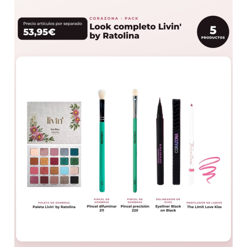 CORAZONA - Pack Look Completo Livin' by Ratolina - Paleta de Sombras + 2 Pinceles + Delineador + Perfilador de Labios