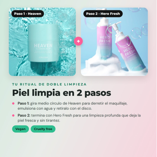 CORAZONA Pack Skincare Double Cleansing - Bálsamo Heaven, Gel Hero Fresh y Disco Reutilizable para Piel Limpia y Fresca