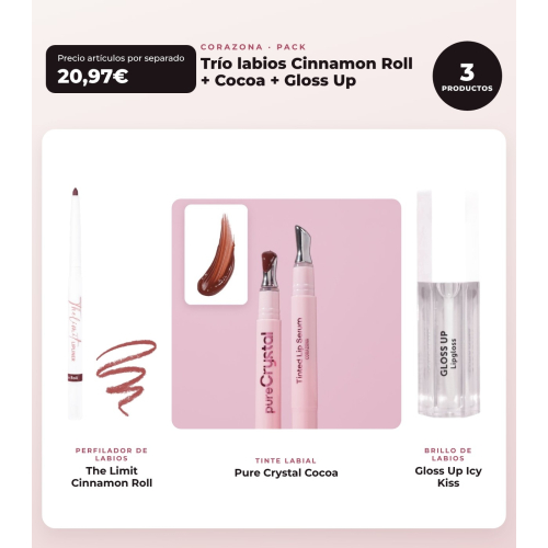 CORAZONA - Pack Trío Labios con The Limit Cinnamon Roll, Pure Crystal Cocoa y Gloss Up Icy Kiss