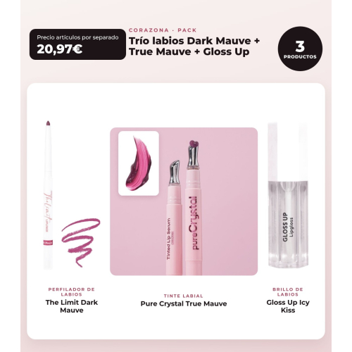 CORAZONA - Pack Trío Labios con The Limit Dark Mauve, Pure Crystal True Mauve y Gloss Up Icy Kiss