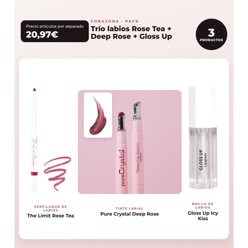 CORAZONA - Pack Trío Labios con The Limit Rose Tea, Pure Crystal Deep Rose y Gloss Up Icy Kiss