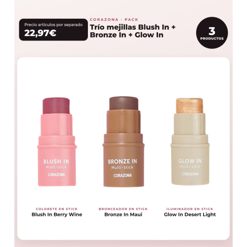 CORAZONA - Pack Trío Mejillas Blush In - Berry Wine + Bronze In - Maui + Glow In - Desert Light