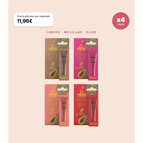 Dr. PAWPAW - Pack 4 Bálsamos Labiales Multifunción con Color Ultimate Red, Rich Mocha, Hot Pink y Peach Pink para Labios, Mejillas y Ojos