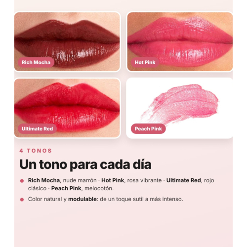 Dr. PAWPAW - Pack 4 Bálsamos Labiales Multifunción con Color Ultimate Red, Rich Mocha, Hot Pink y Peach Pink para Labios, Mejillas y Ojos