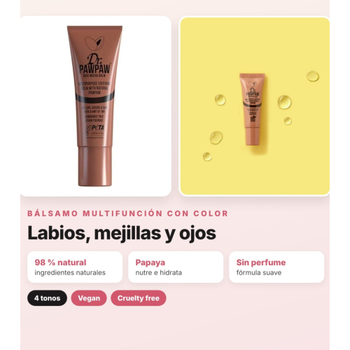 Dr. PAWPAW - Pack 4 Bálsamos Labiales Multifunción con Color Ultimate Red, Rich Mocha, Hot Pink y Peach Pink para Labios, Mejillas y Ojos