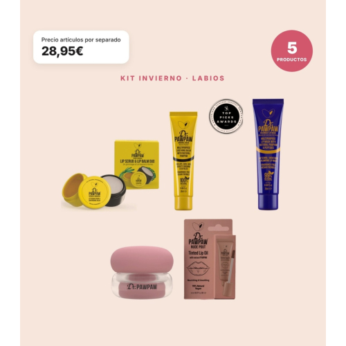 Dr. PAWPAW - Pack Kit Invierno Labios 5 Productos | Dúo Exfoliante Scrub & Nourish, Bálsamo Original Clear, Mascarilla Overnight, Cloud Balm y Tinte Labial Nutritivo