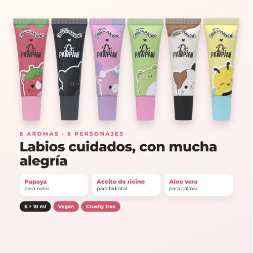 Dr. PAWPAW - Squishmallows Full Set | 6 Bálsamos de Labios Hidratantes con Aromas Inspirados en Personajes Adorables y Fórmula Enriquecida con Extracto de Papaya