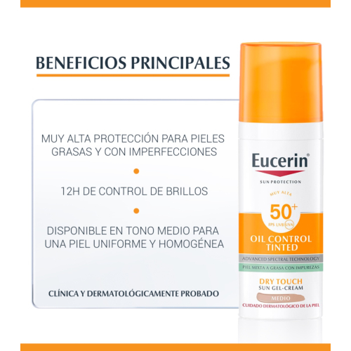 Eucerin - Protector solar en gel con color SPF50 Oil Control - Medio