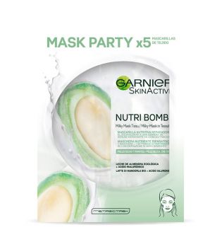 Garnier -  Pack de 5 mascarillas faciales nutritivas y reparadoras Nutri Bomb - Leche de almendras