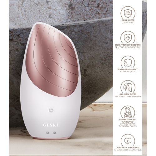 GESKE - Cepillo limpiador y masajeador facial Sonic Thermo 6 en 1 - White Rose Gold