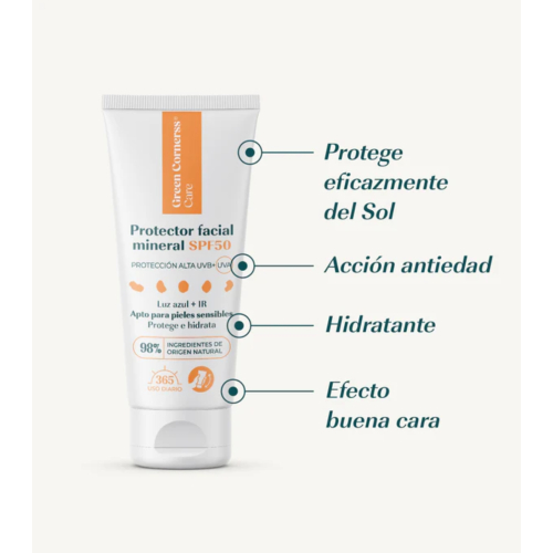 Green Cornerss - Protector solar mineral facial con color SPF50 - Pieles sensibles