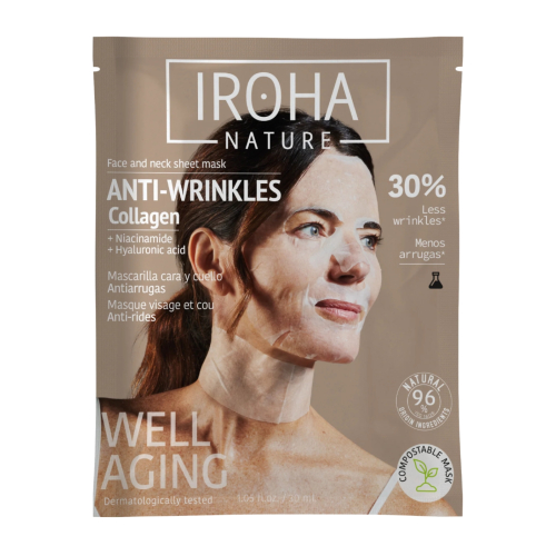 Iroha Nature - Mascarilla Antiarrugas y Antiedad para Cara y Cuello - Colágeno + Ácido Hialurónico