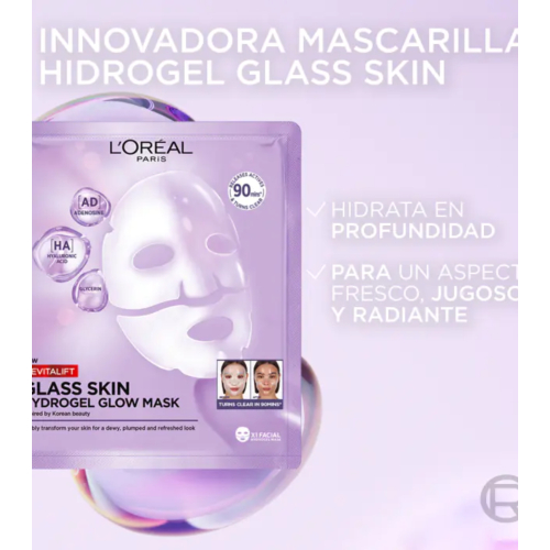 Loreal Paris - Mascarilla facial iluminadora de hidrogel Revitalift Glass Skin