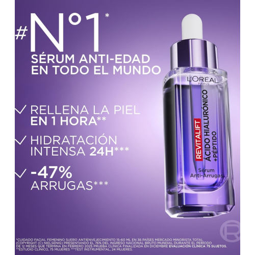 Loreal Paris - Sérum anti-arrugas con ácido hialurónico + péptidos Revitalift Filler