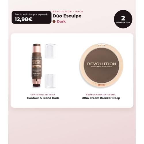 Makeup Revolution - Set de Contorno en stick Reloaded Contour & Blend - Dark + Bronceador en crema Ultra Cream Bronzer - Deep
