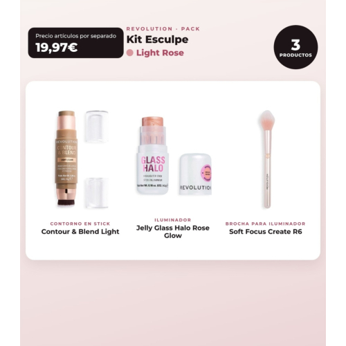 Makeup Revolution - Set de Contorno en stick Reloaded Contour & Blend - Light + Iluminador Jelly Glass Halo - Rose Glow + Brocha para iluminador Soft Focus Create - R6