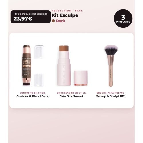 Makeup Revolution - Set de Contorno en stick Reloaded Contour & Blend - Light + Iluminador Jelly Glass Halo - Golden Glow + Brocha para iluminador Soft Focus Create - R6