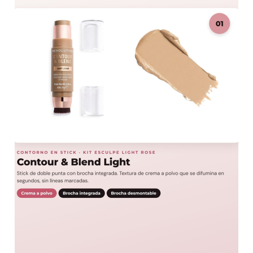 Makeup Revolution - Set de Contorno en stick Reloaded Contour & Blend - Light + Iluminador Jelly Glass Halo - Rose Glow + Brocha para iluminador Soft Focus Create - R6