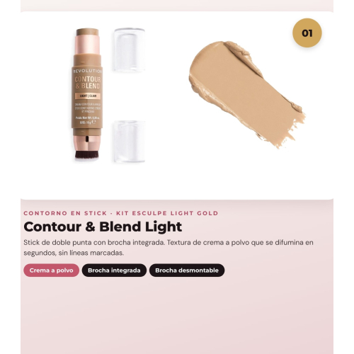 Makeup Revolution - Set de Contorno en stick Reloaded Contour & Blend - Light + Iluminador Jelly Glass Halo - Golden Glow + Brocha para iluminador Soft Focus Create - R6