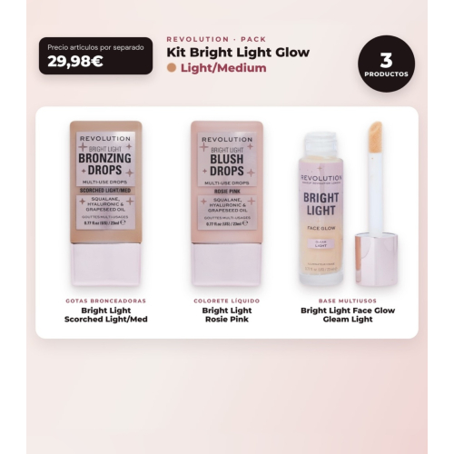 Makeup Revolution - Set de Gotas bronceadoras Bright Light - Scorched Light/ Med + Colorete líquido Bright Light - Rosie Pink + Base multiusos Bright Light Face Glow - Gleam Light