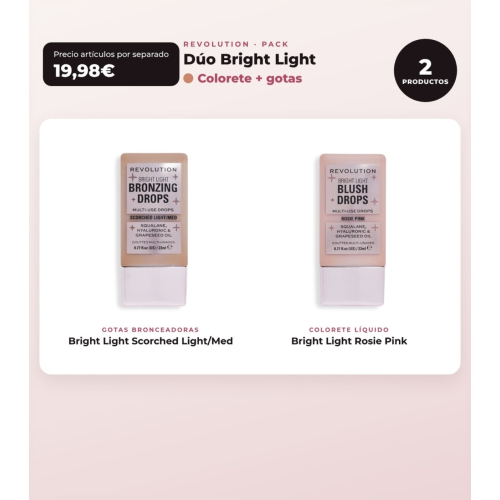 Makeup Revolution - Set de Gotas bronceadoras Bright Light - Scorched Light/ Med + Colorete líquido Bright Light - Rosie Pink