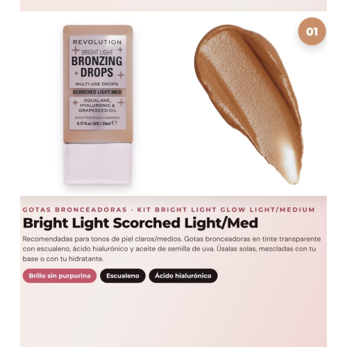 Makeup Revolution - Set de Gotas bronceadoras Bright Light - Scorched Light/ Med + Colorete líquido Bright Light - Rosie Pink + Base multiusos Bright Light Face Glow - Gleam Light