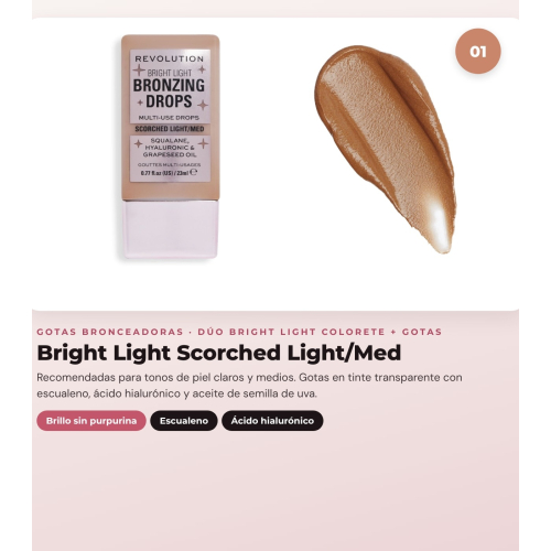 Makeup Revolution - Set de Gotas bronceadoras Bright Light - Scorched Light/ Med + Colorete líquido Bright Light - Rosie Pink