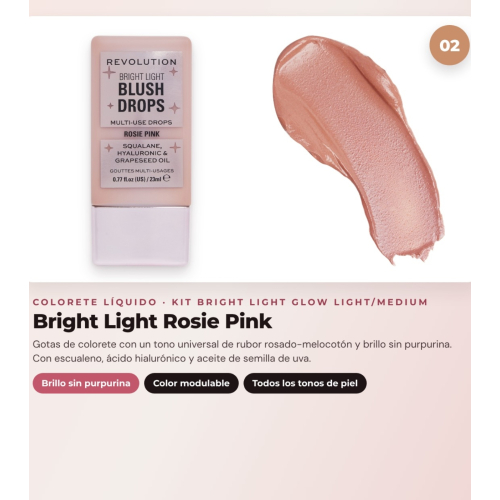 Makeup Revolution - Set de Gotas bronceadoras Bright Light - Scorched Light/ Med + Colorete líquido Bright Light - Rosie Pink + Base multiusos Bright Light Face Glow - Gleam Light