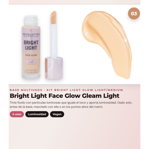 Makeup Revolution - Set de Gotas bronceadoras Bright Light - Scorched Light/ Med + Colorete líquido Bright Light - Rosie Pink + Base multiusos Bright Light Face Glow - Gleam Light