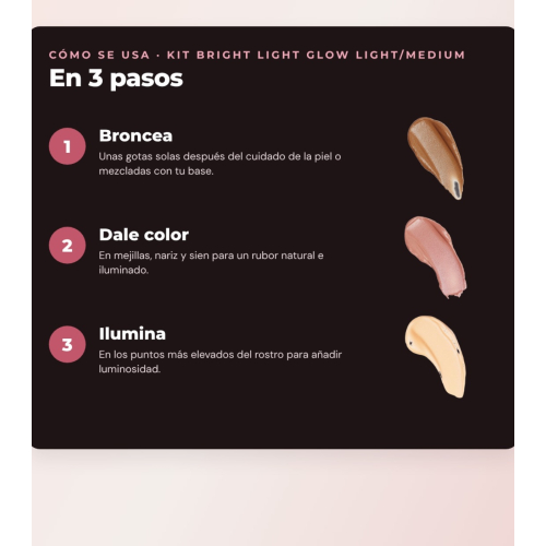 Makeup Revolution - Set de Gotas bronceadoras Bright Light - Scorched Light/ Med + Colorete líquido Bright Light - Rosie Pink + Base multiusos Bright Light Face Glow - Gleam Light
