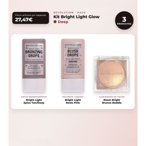 Makeup Revolution - Set de Gotas bronceadoras Bright Light - Spice Tan/Deep + Colorete líquido Bright Light - Rosie Pink + Iluminador en polvo Beam Bright - Bronze Baddie