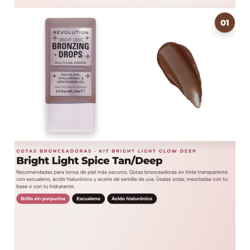 Makeup Revolution - Set de Gotas bronceadoras Bright Light - Spice Tan/Deep + Colorete líquido Bright Light - Rosie Pink + Iluminador en polvo Beam Bright - Bronze Baddie