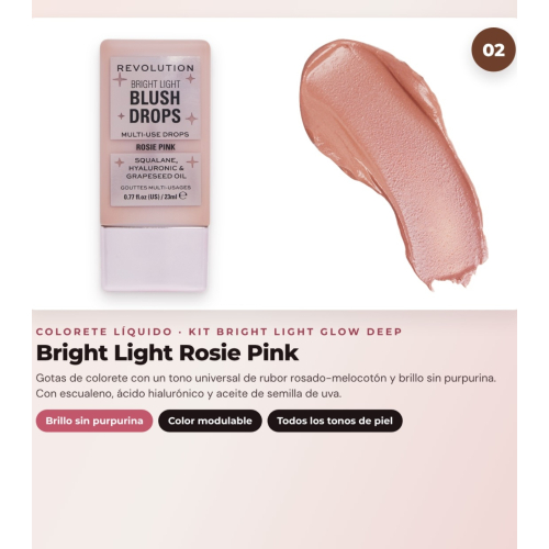 Makeup Revolution - Set de Gotas bronceadoras Bright Light - Spice Tan/Deep + Colorete líquido Bright Light - Rosie Pink + Iluminador en polvo Beam Bright - Bronze Baddie