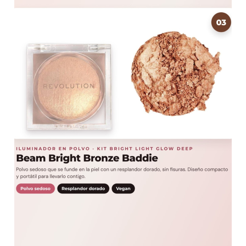 Makeup Revolution - Set de Gotas bronceadoras Bright Light - Spice Tan/Deep + Colorete líquido Bright Light - Rosie Pink + Iluminador en polvo Beam Bright - Bronze Baddie