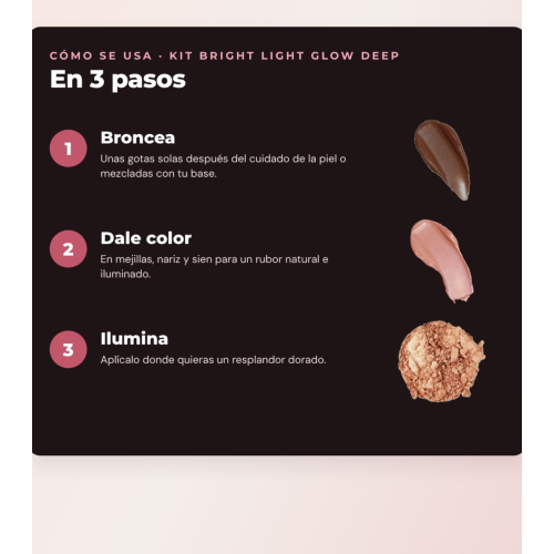 Makeup Revolution - Set de Gotas bronceadoras Bright Light - Spice Tan/Deep + Colorete líquido Bright Light - Rosie Pink + Iluminador en polvo Beam Bright - Bronze Baddie