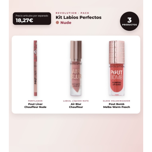 Makeup Revolution - Set de Perfilador de labios Pout Liner - Chauffeur Nude + Labial líquido mate Air Blur - Chauffeur + Brillo de labios voluminizador Pout Bomb - Melba Warm Peach