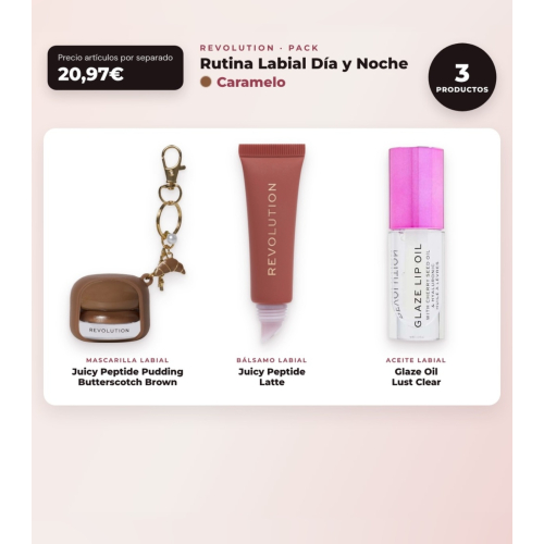 Makeup Revolution - Set de Mascarilla labial Juicy Peptide Pudding - Butterscotch Brown + Bálsamo labial Juicy Peptide - Latte + Aceite para labios Glaze Oil - Lust Clear